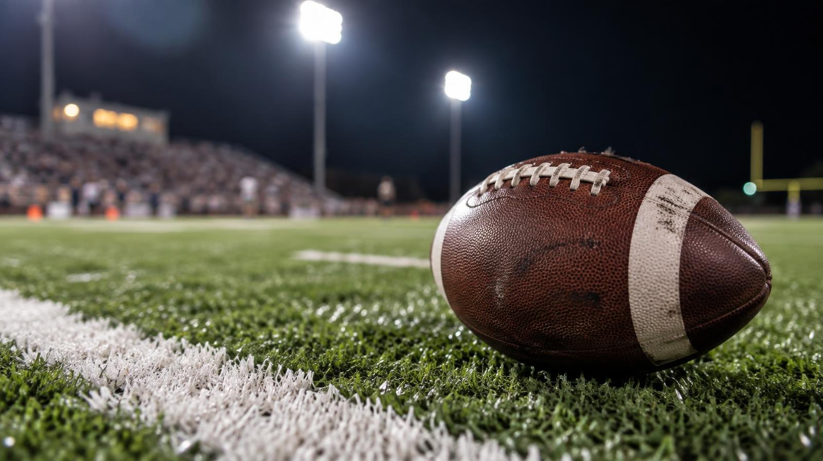 An American football on green artificial turf beside a white yard line at night.