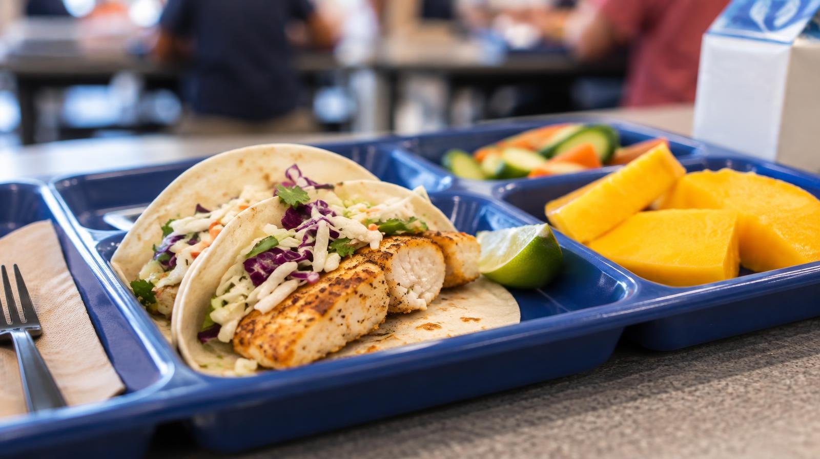 A colorful school lunch tray with a fish taco, mango slices, and rice on a cafeteria table.