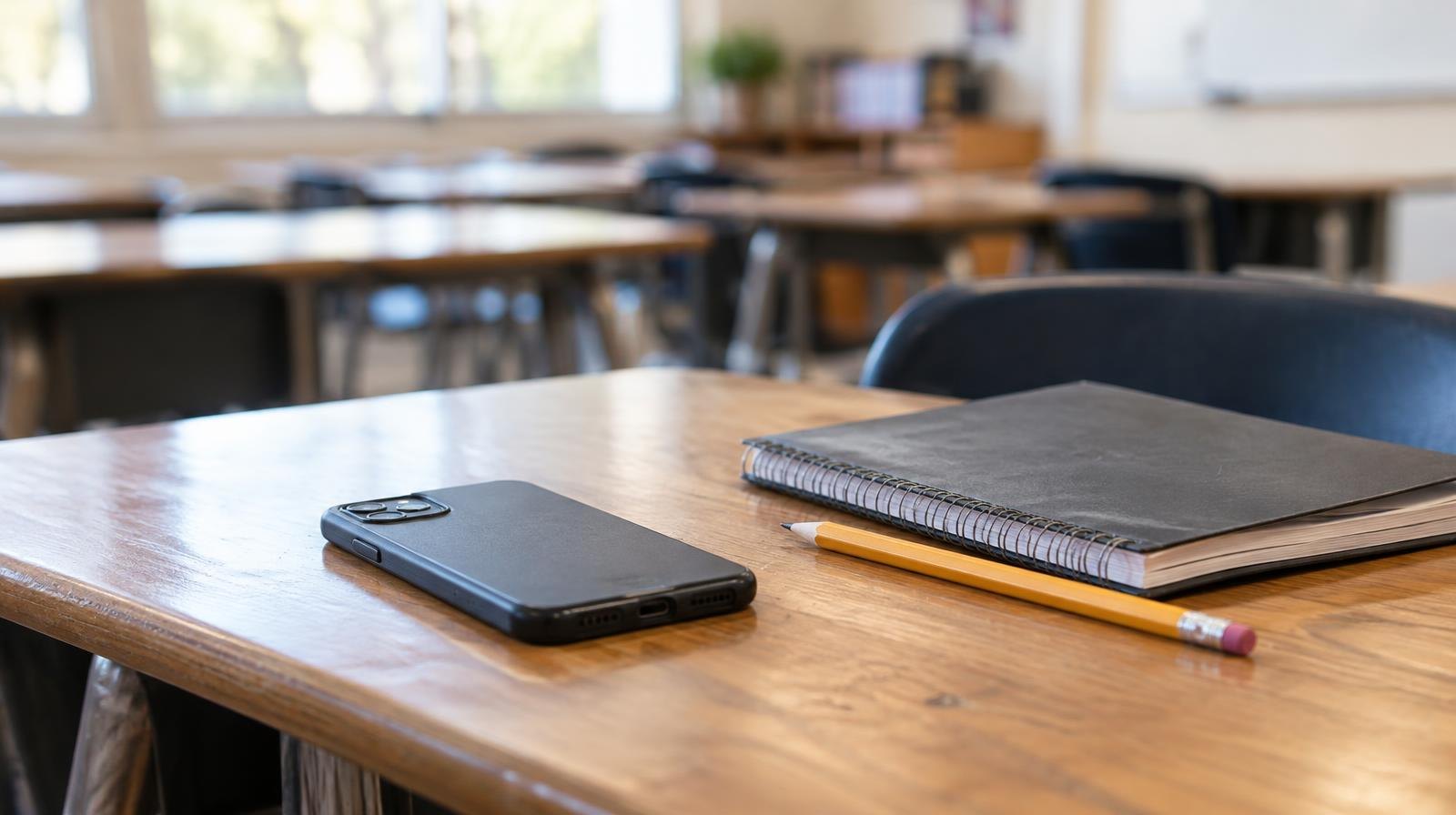 Smartphone face-down on a wooden school desk next to a closed notebook and pencil.