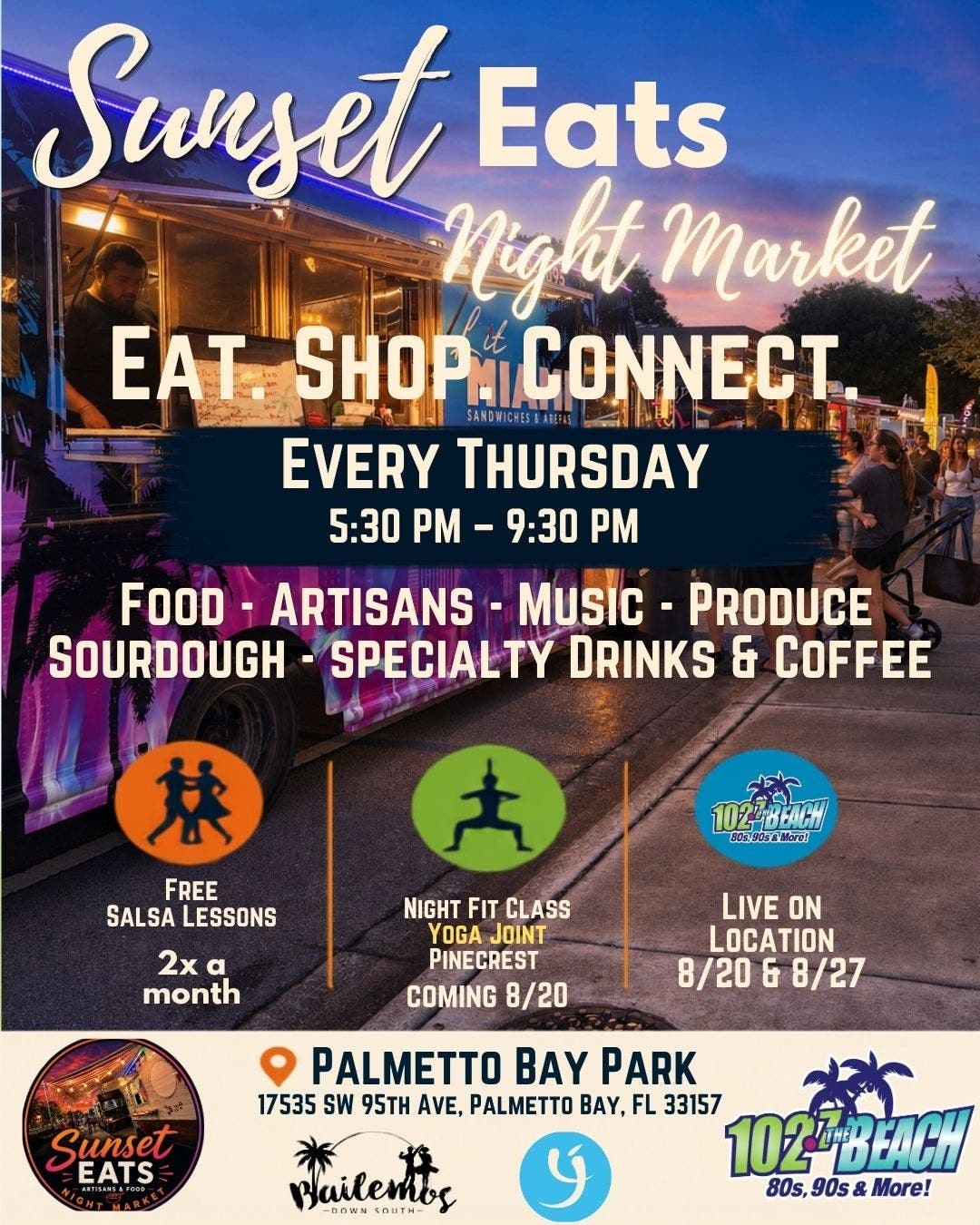 Promotional flyer for a weekly night market listing event details, hours, and sponsor logos.