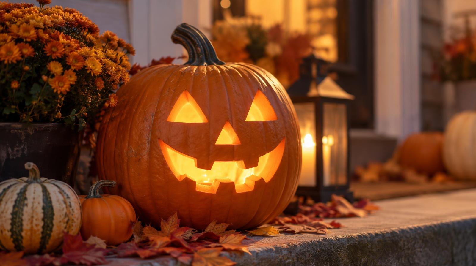 A glowing carved jack-o'-lantern surrounded by autumn leaves and small gourds.