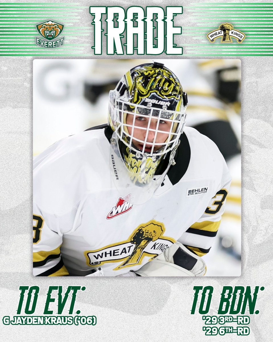 Trade announcement graphic showing a goaltender in white Brandon Wheat Kings gear.