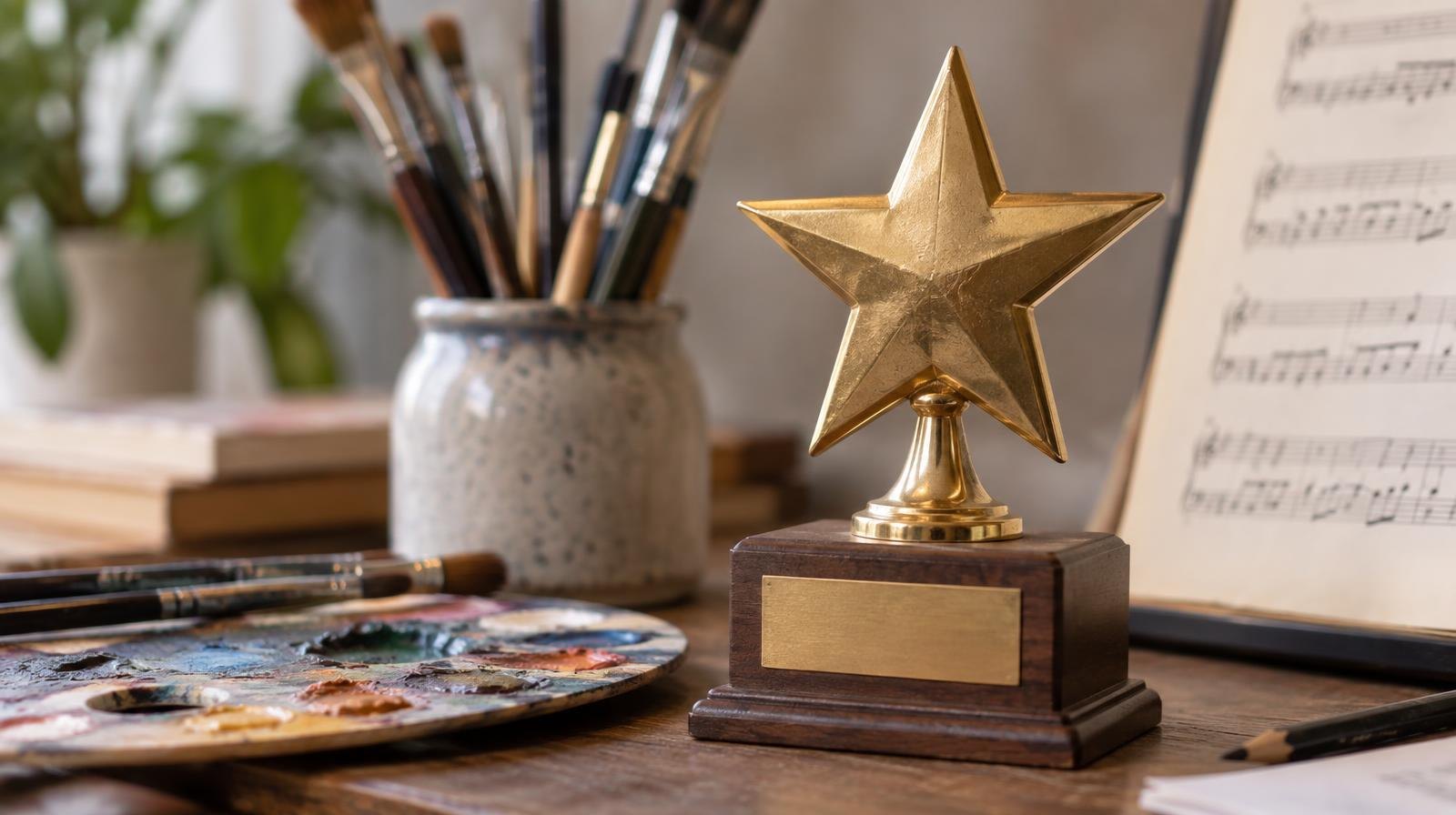 Gold star trophy on a pedestal surrounded by art supplies and sheet music.