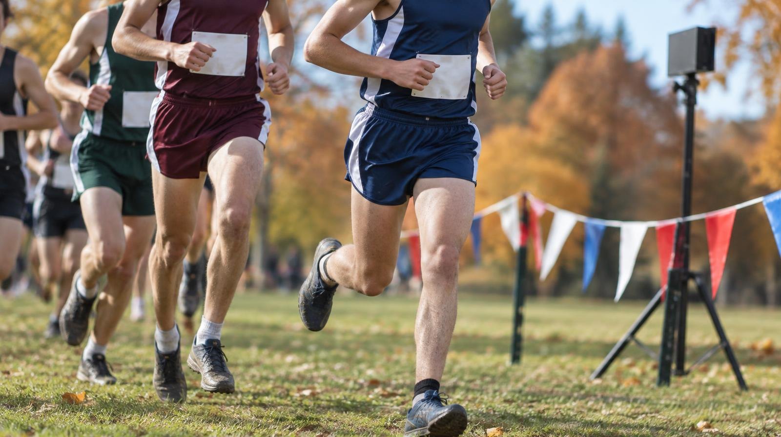 High school cross country runners racing across a grassy park course in autumn.