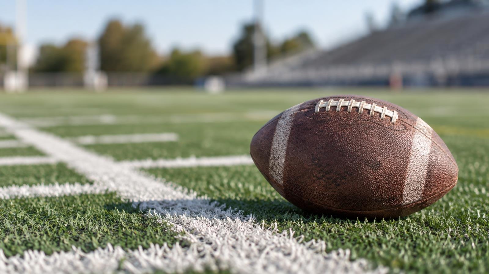 A football resting on green artificial turf beside white yard line markings.