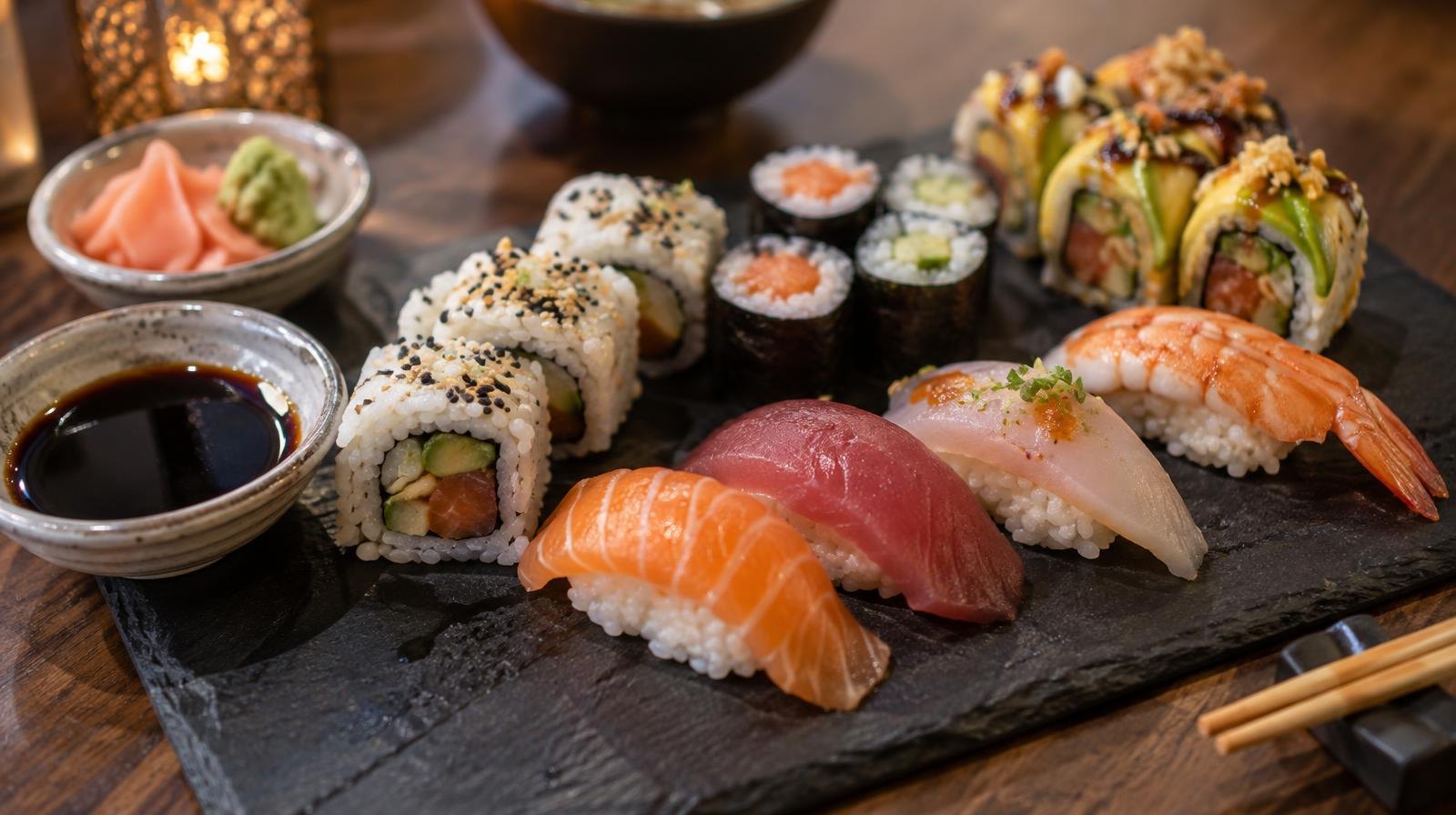 Assorted sushi rolls and nigiri arranged on a dark slate board with chopsticks.