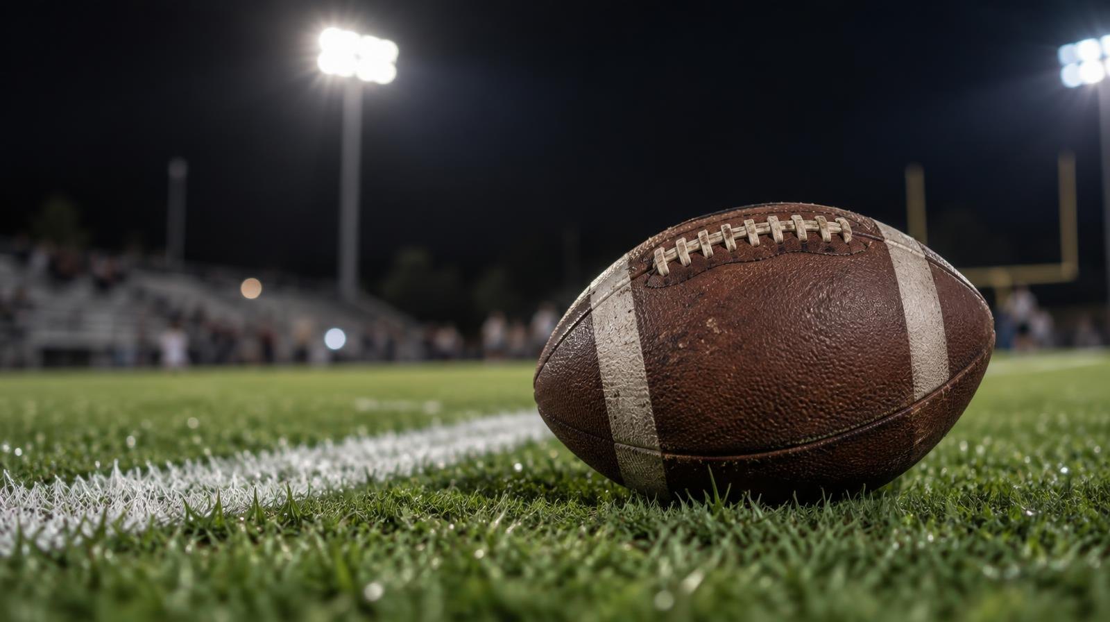 An American football on a grass field near a white yard line under bright stadium lights.