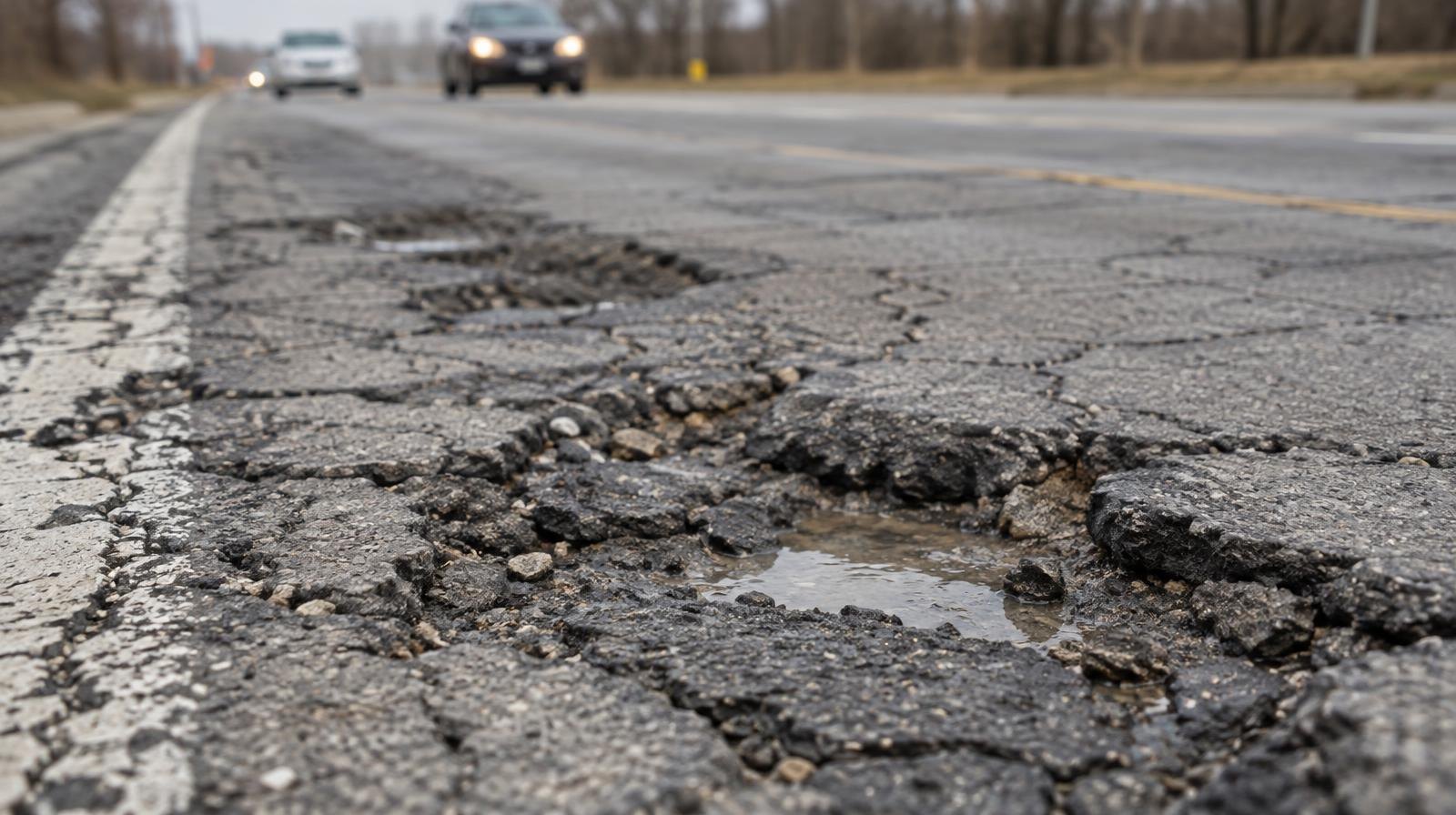 Close-up of cracked, pothole-filled asphalt road surface with faded lane markings.