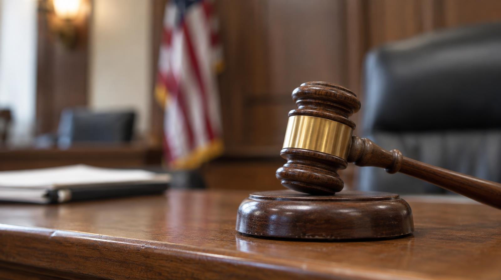 A wooden judge's gavel resting on its sound block on a bench.