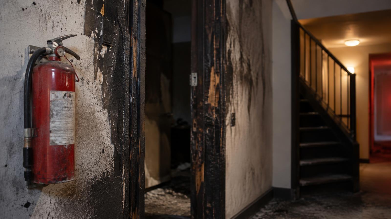 Charred walls and a scorched door frame in a fire-damaged apartment hallway.