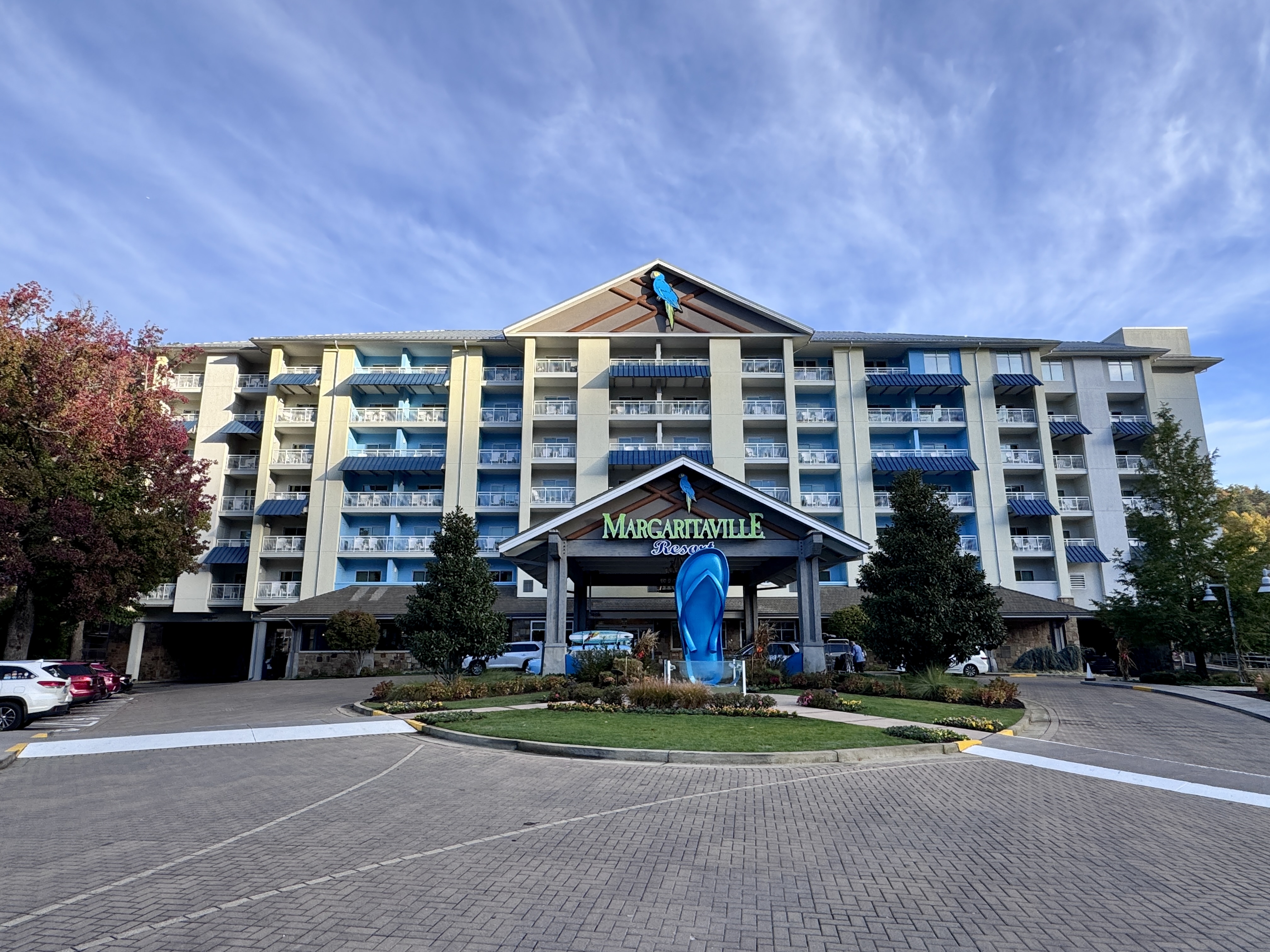 Multi-story hotel building with a Margaritaville sign above the entrance portico.