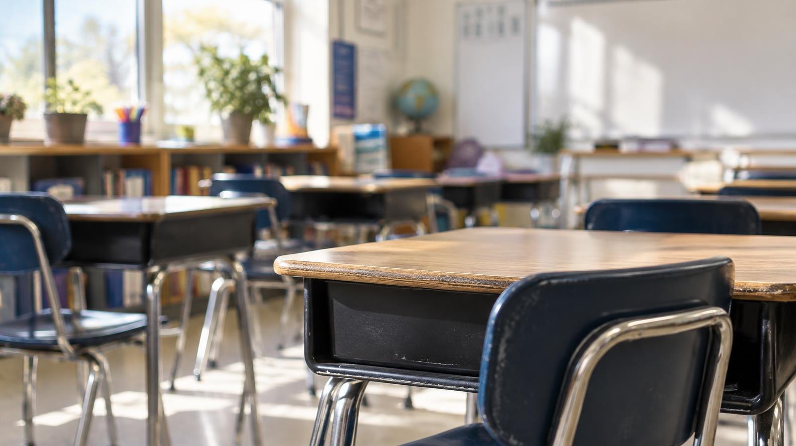 Rows of empty student desks in a bright classroom with natural light from windows.