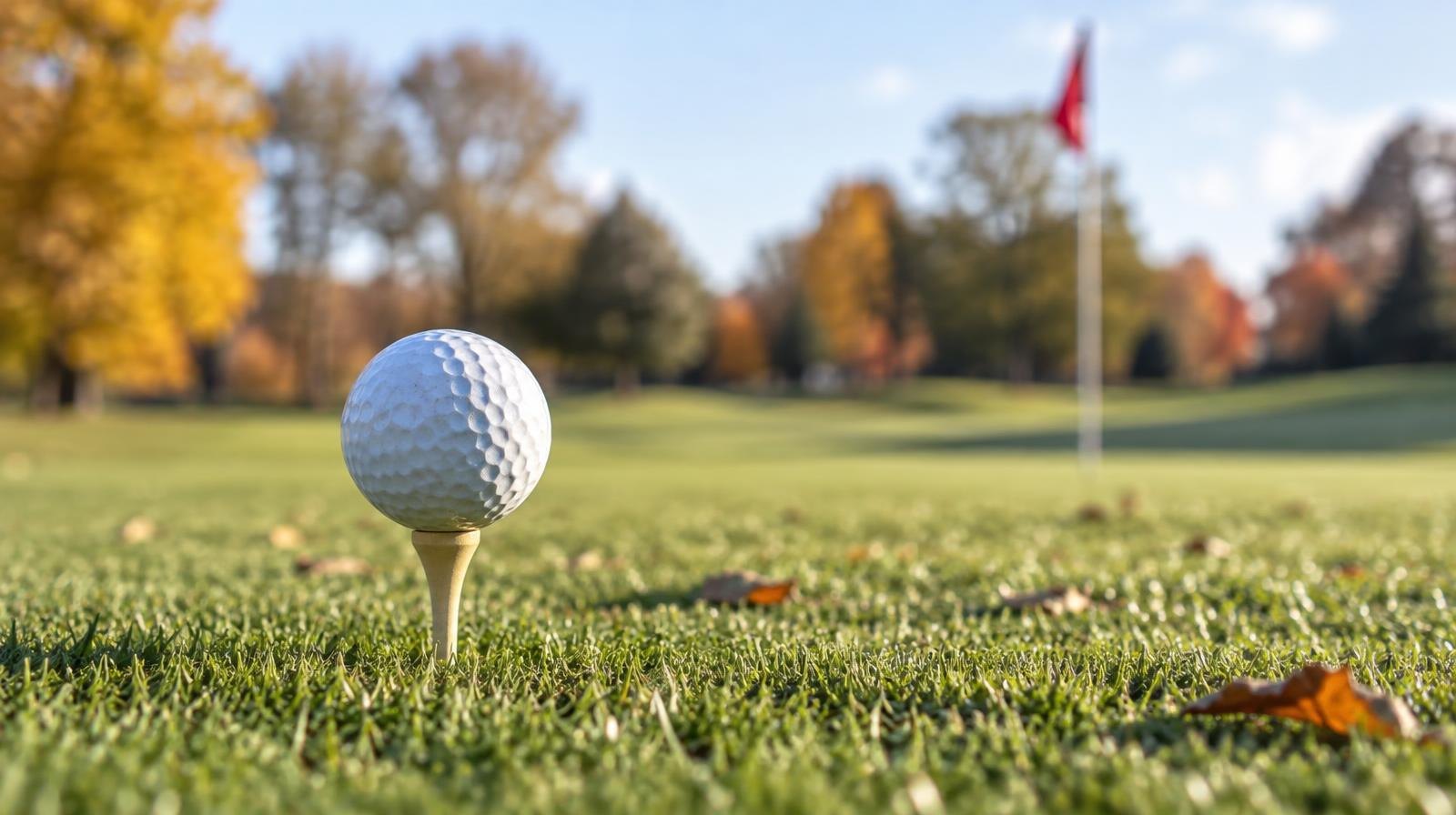 A golf ball on a tee on a green fairway with a distant flag pin.