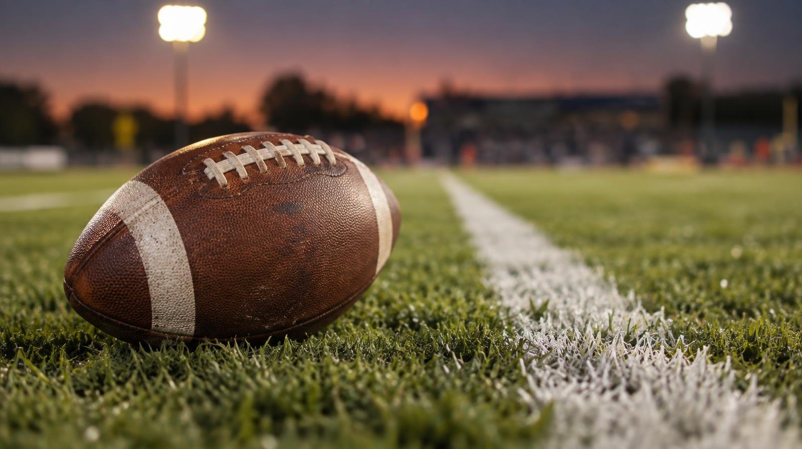 An American football resting on green grass beside a white yard line under warm stadium lighting.