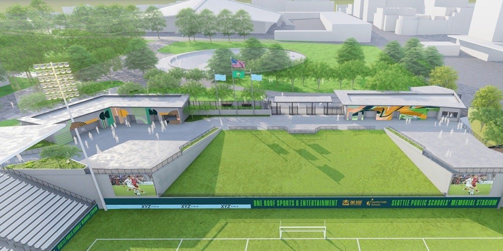 Overhead architectural rendering of a stadium with a green turf field and mural panels on surrounding walls.