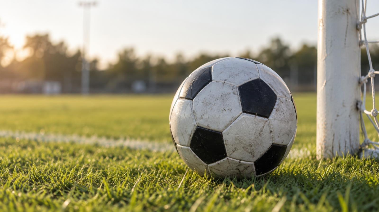 A black-and-white soccer ball on green grass near a white goal post.