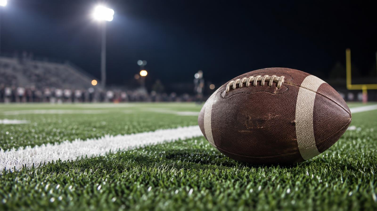 An American football resting on green turf beside a white yard line under stadium lights at night.