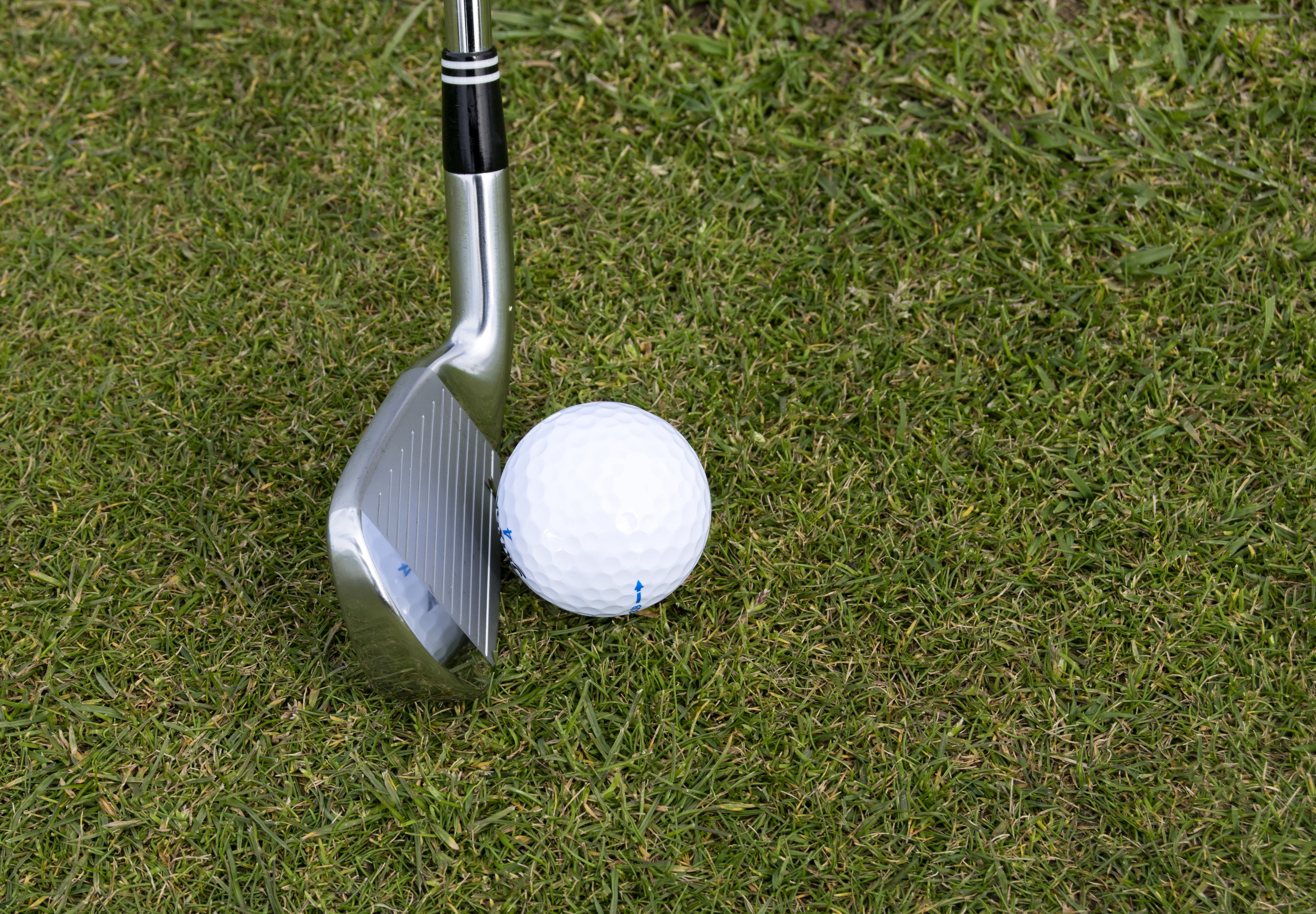 A golf iron club head resting behind a white golf ball on green fairway grass.