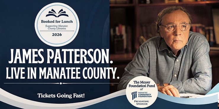 Promotional flyer for a Booked for Lunch fundraiser event featuring an author.