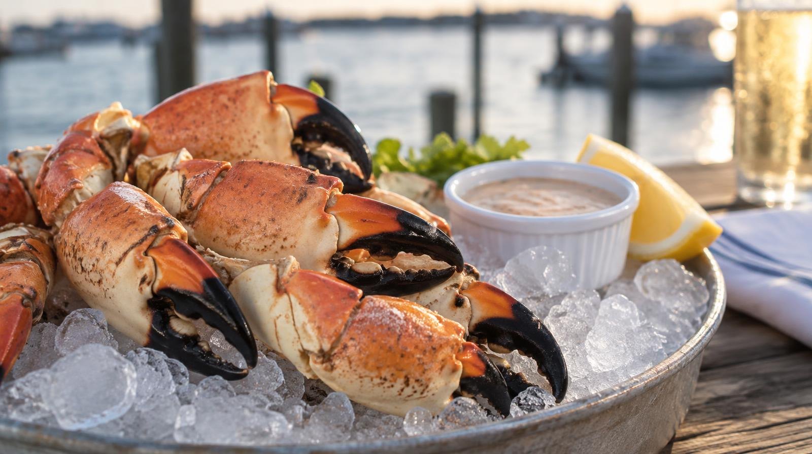 Stone crab claws arranged on crushed ice with a small ramekin of dipping sauce.
