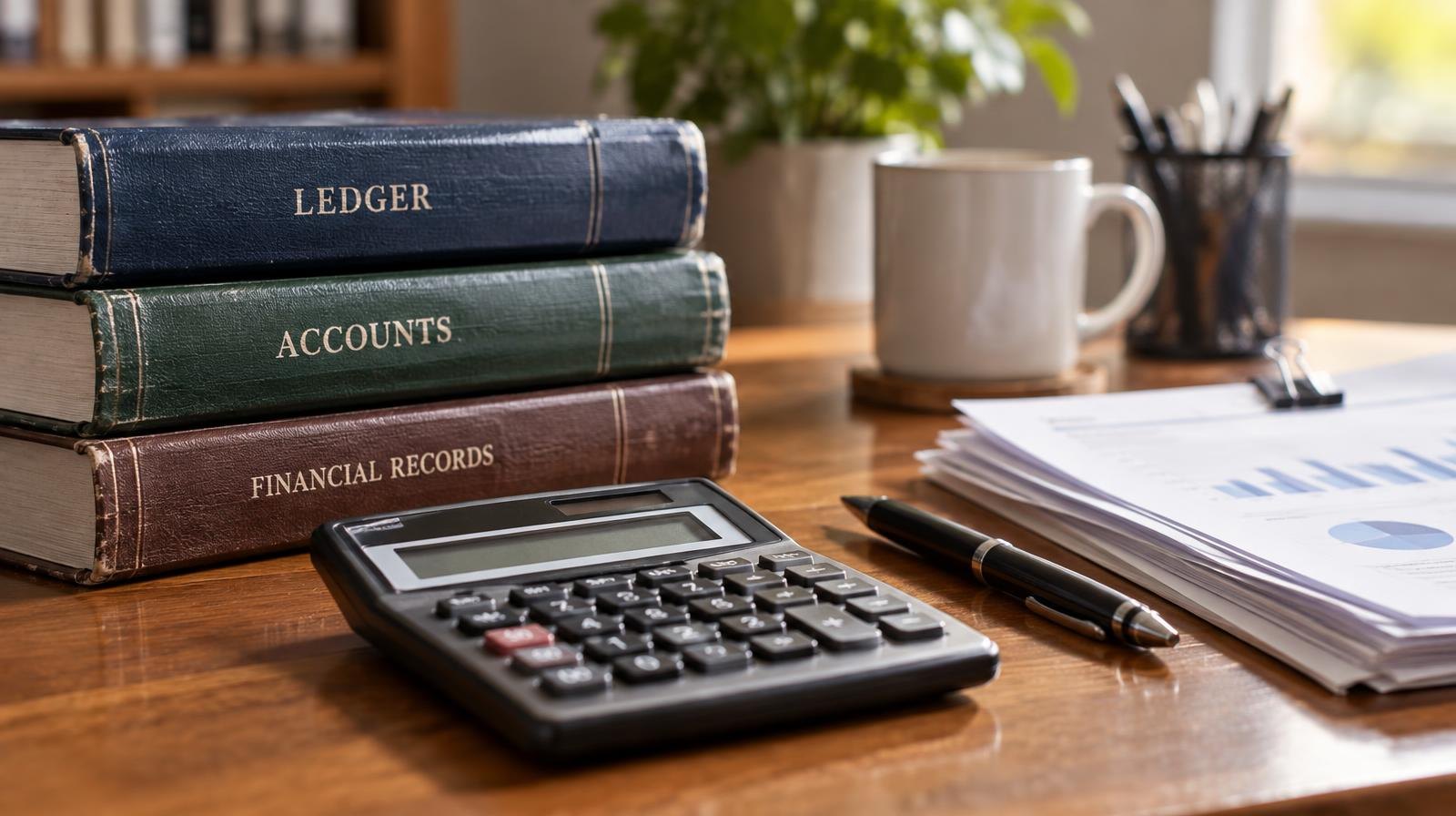 A wooden desk with a calculator, pen, and stacked ledger books.