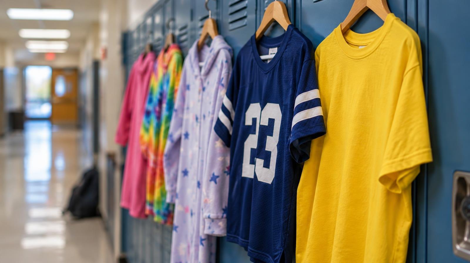 Colorful clothing including a jersey, pajamas, and yellow shirt on lockers.