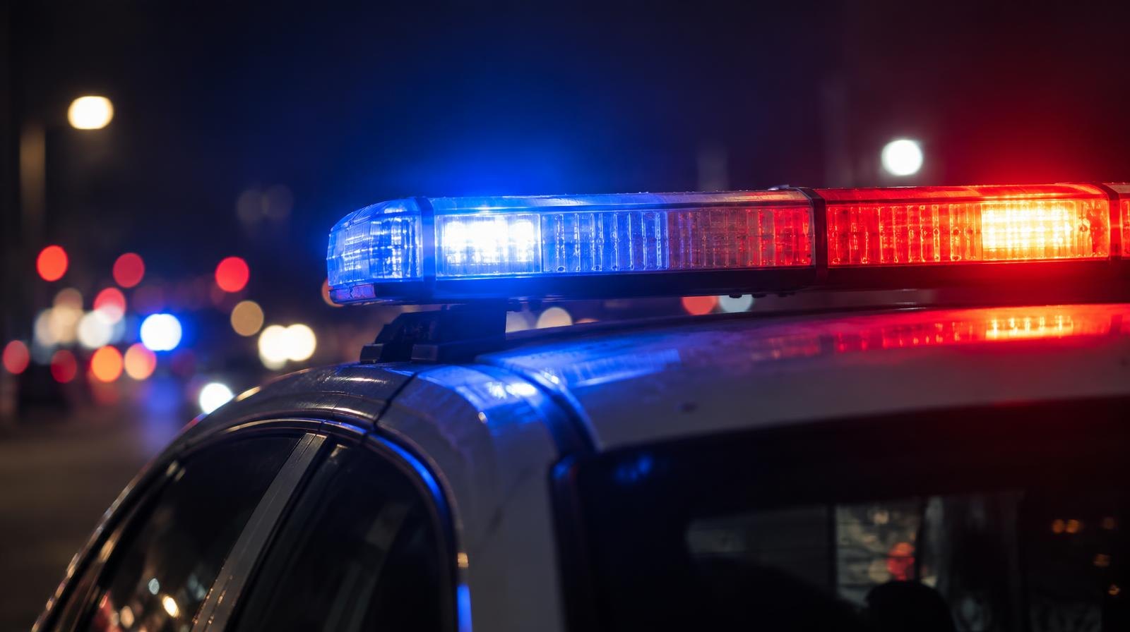 Red and blue emergency lights on a police car roof bar at night.
