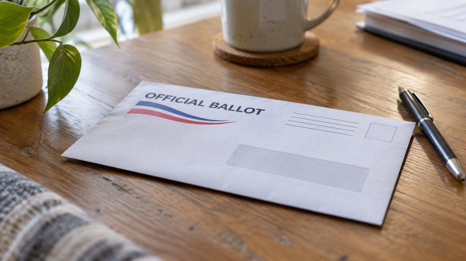 A sealed envelope labeled as a mail-in ballot resting on a wooden surface next to a pen.