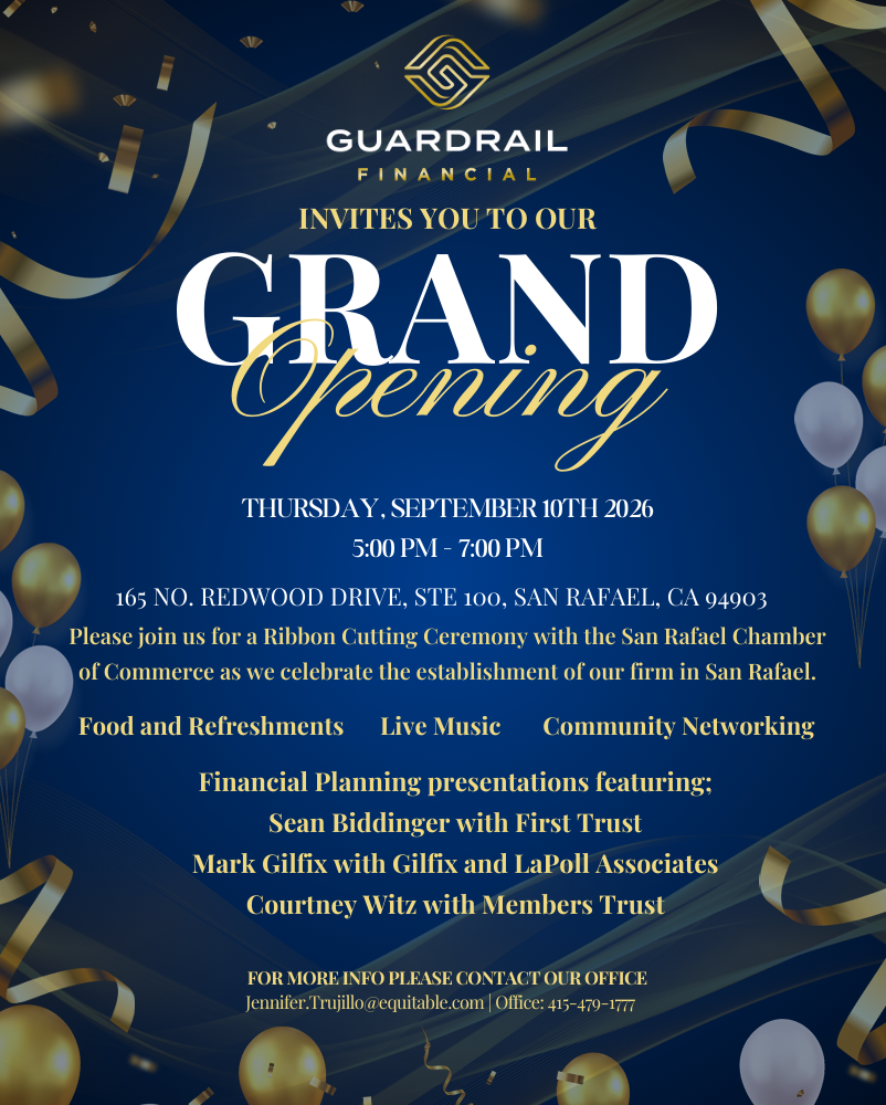 Dark blue event flyer with gold accents announcing a grand opening ribbon cutting ceremony.