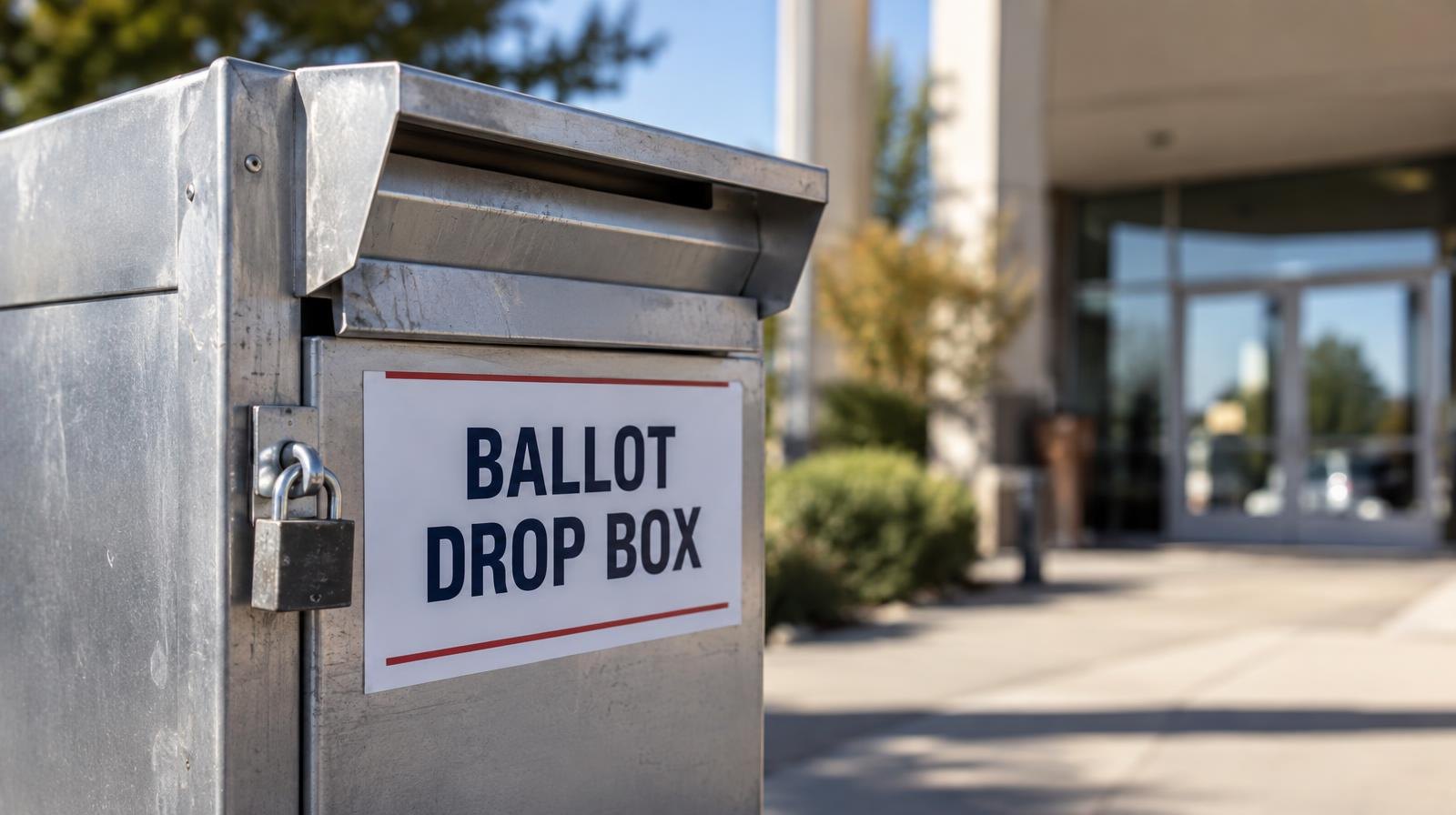A locked metal ballot drop box secured with a padlock near a building entrance.