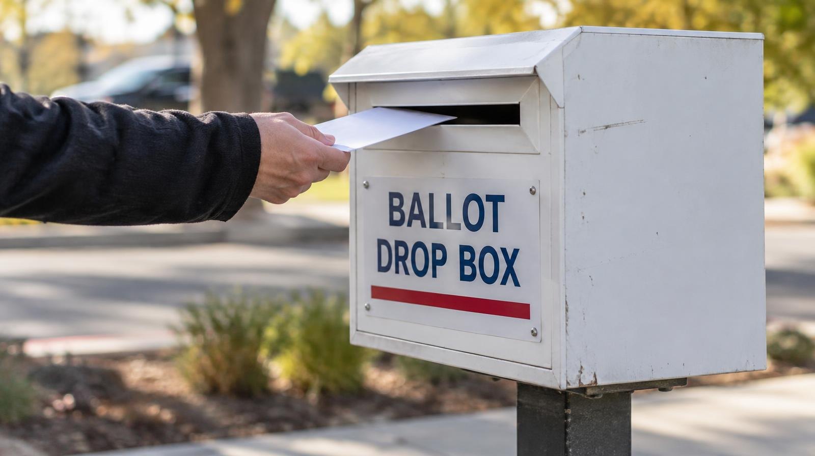 An official election ballot drop box on a post outdoors with an envelope slot.