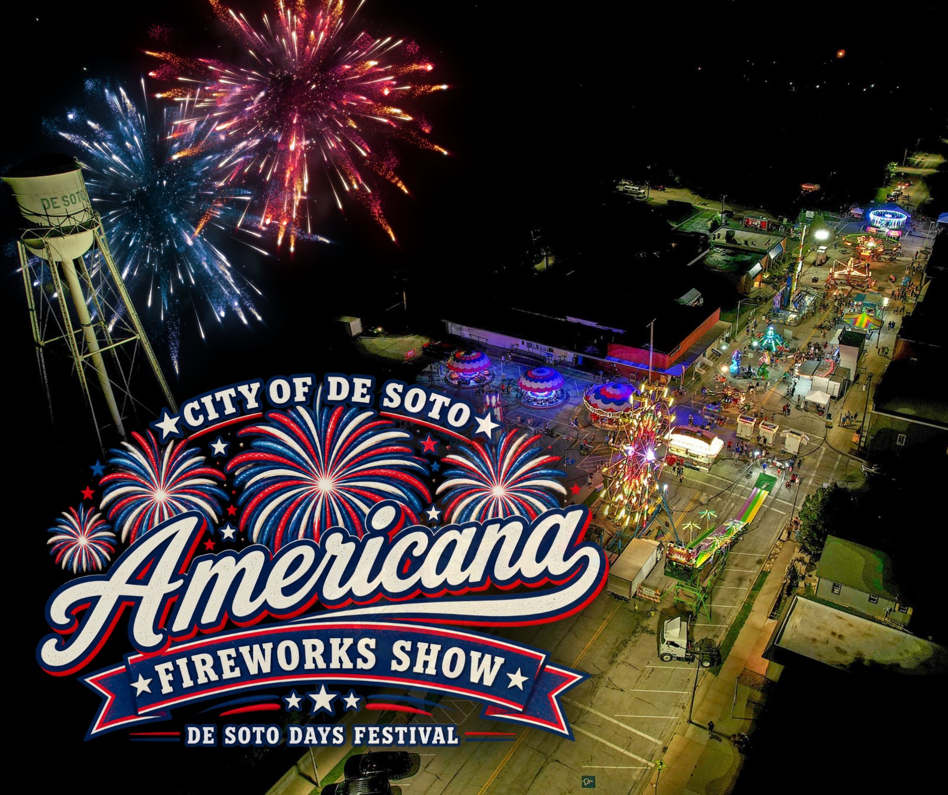 Promotional flyer showing aerial night view of festival grounds with fireworks overhead.