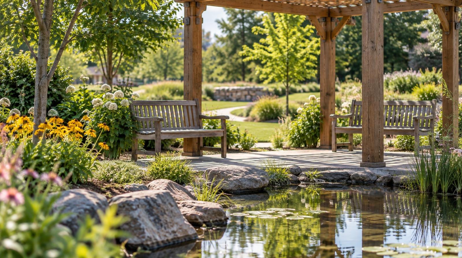 Wooden pergola with benches beside a small reflective pond on green lawn.