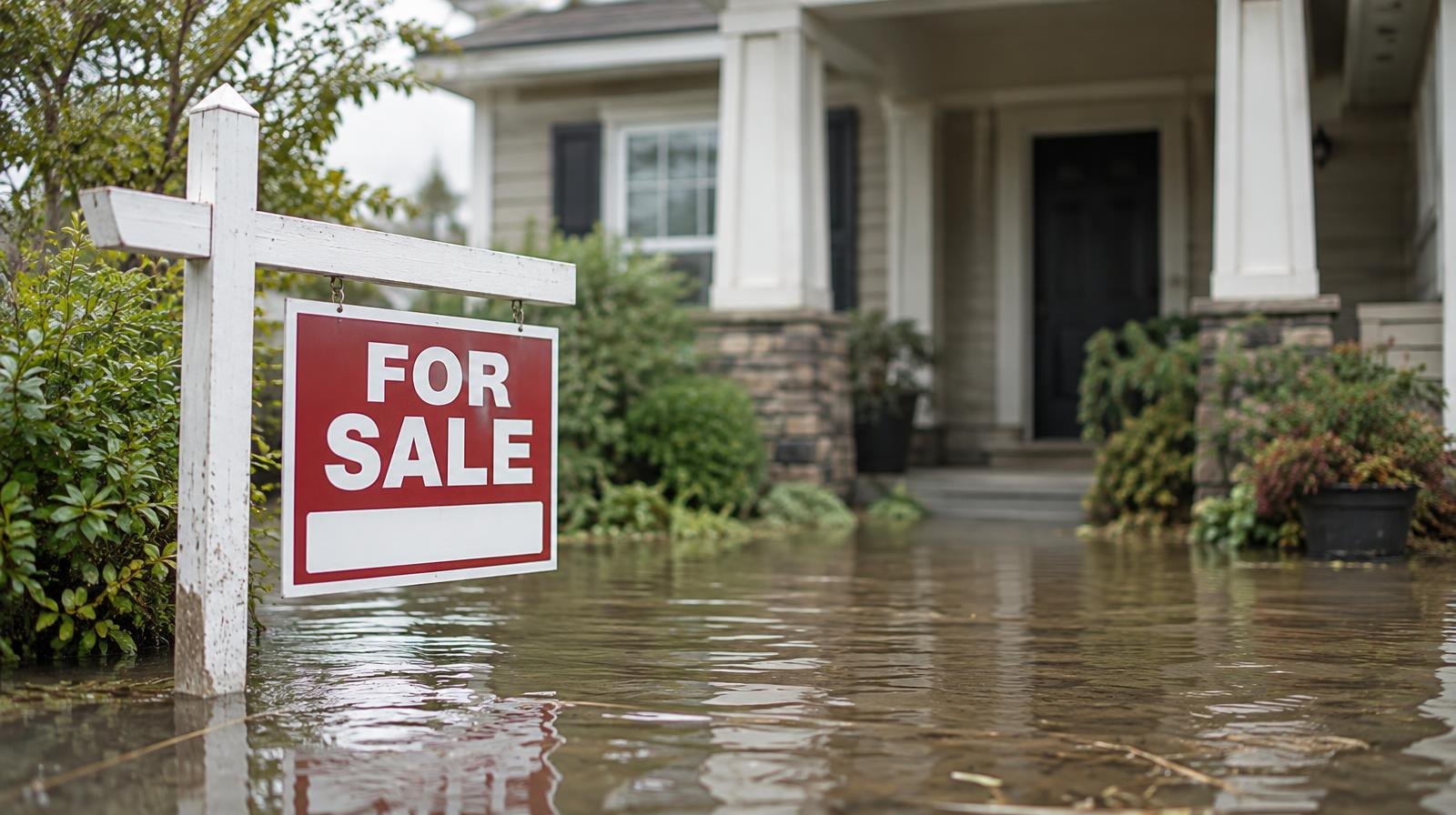 A house with a for-sale sign surrounded by murky floodwater in a suburban yard.