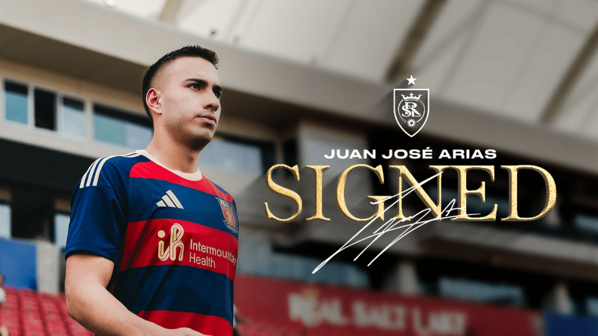Official RSL signing graphic showing a player in a red Real Salt Lake jersey with 'Signed' text overlay.
