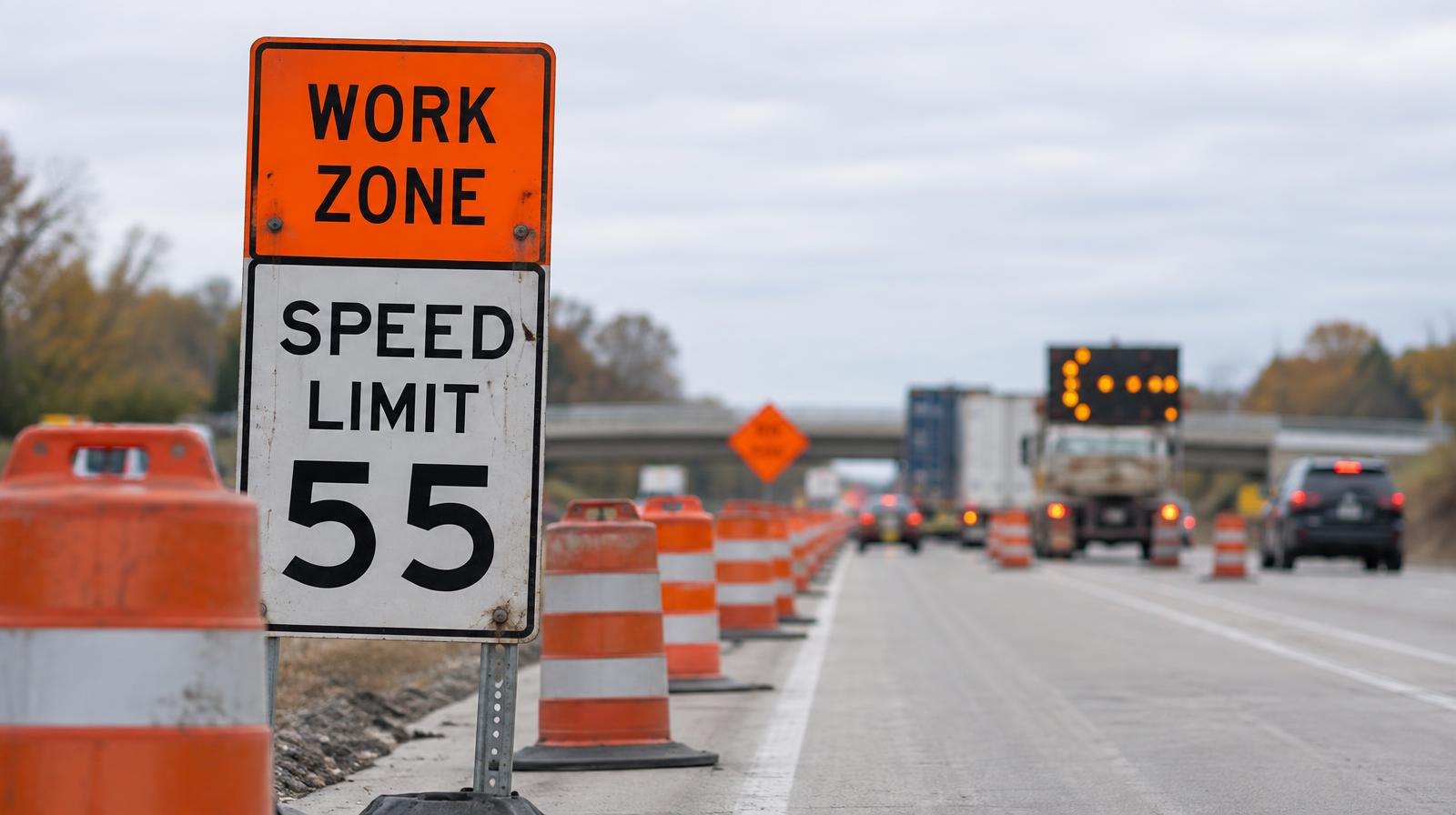 Multi-lane highway with orange construction cones and barrels lining the lanes