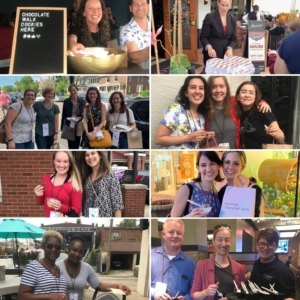 Collage of smiling groups holding tickets and posing outside businesses at a chocolate walk event.