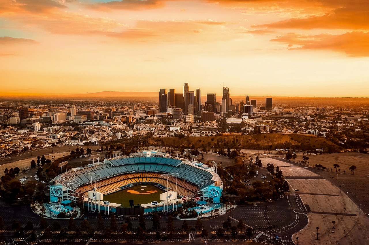 Los angeles, california, dodger stadium, city, urban, sunset, dusk, skyline, cityscape, skyscrapers, buildings, scenic, 