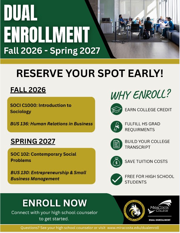 Promotional flyer listing MiraCosta College dual enrollment courses for Fall 2026 and Spring 2027.