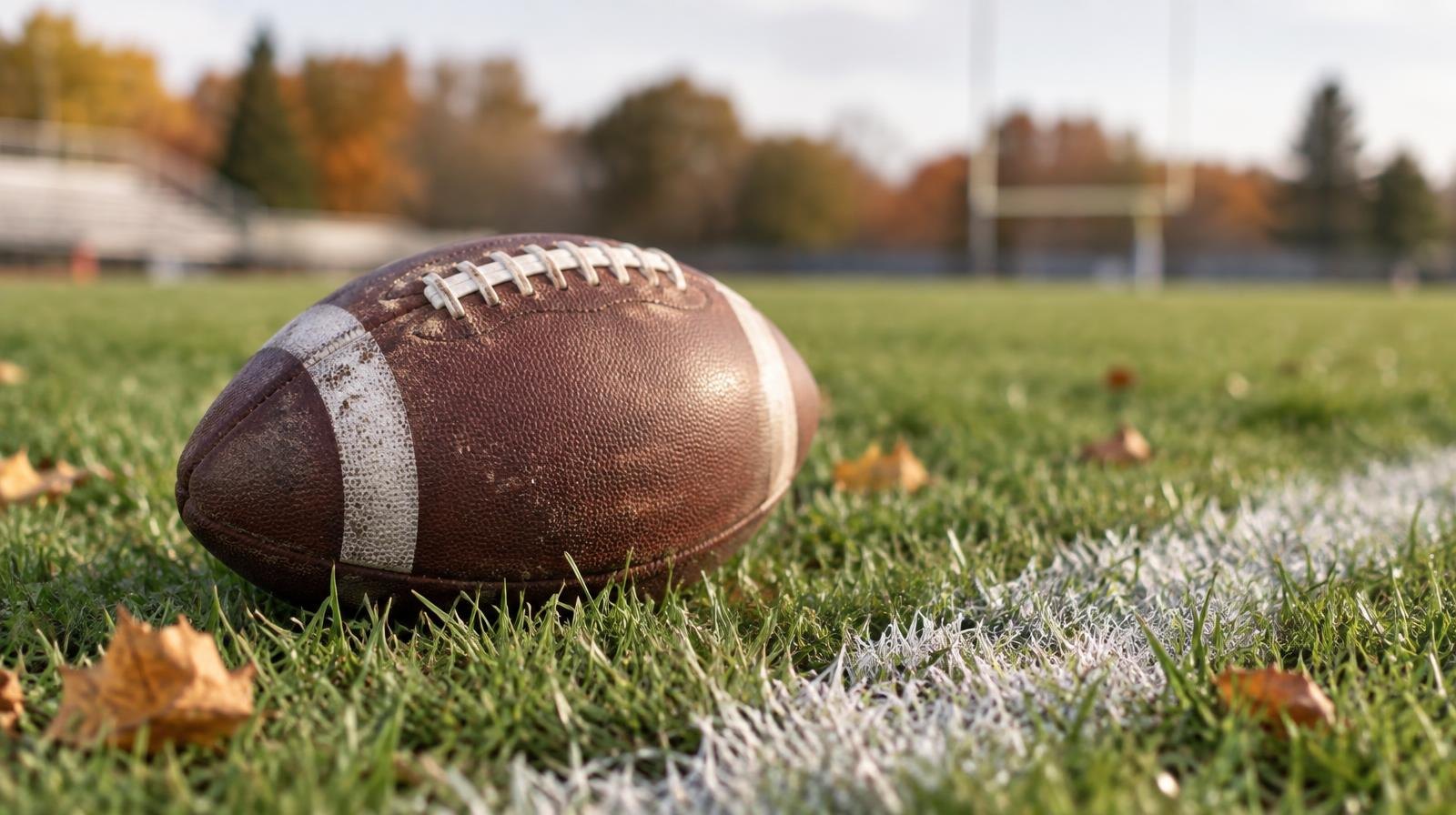 An American football resting on green grass beside a white painted yard line.