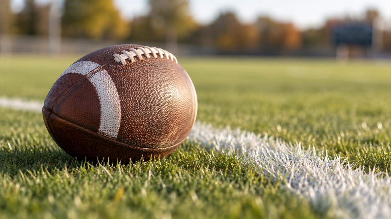 An American football resting on green grass beside a painted white yard line in afternoon light.