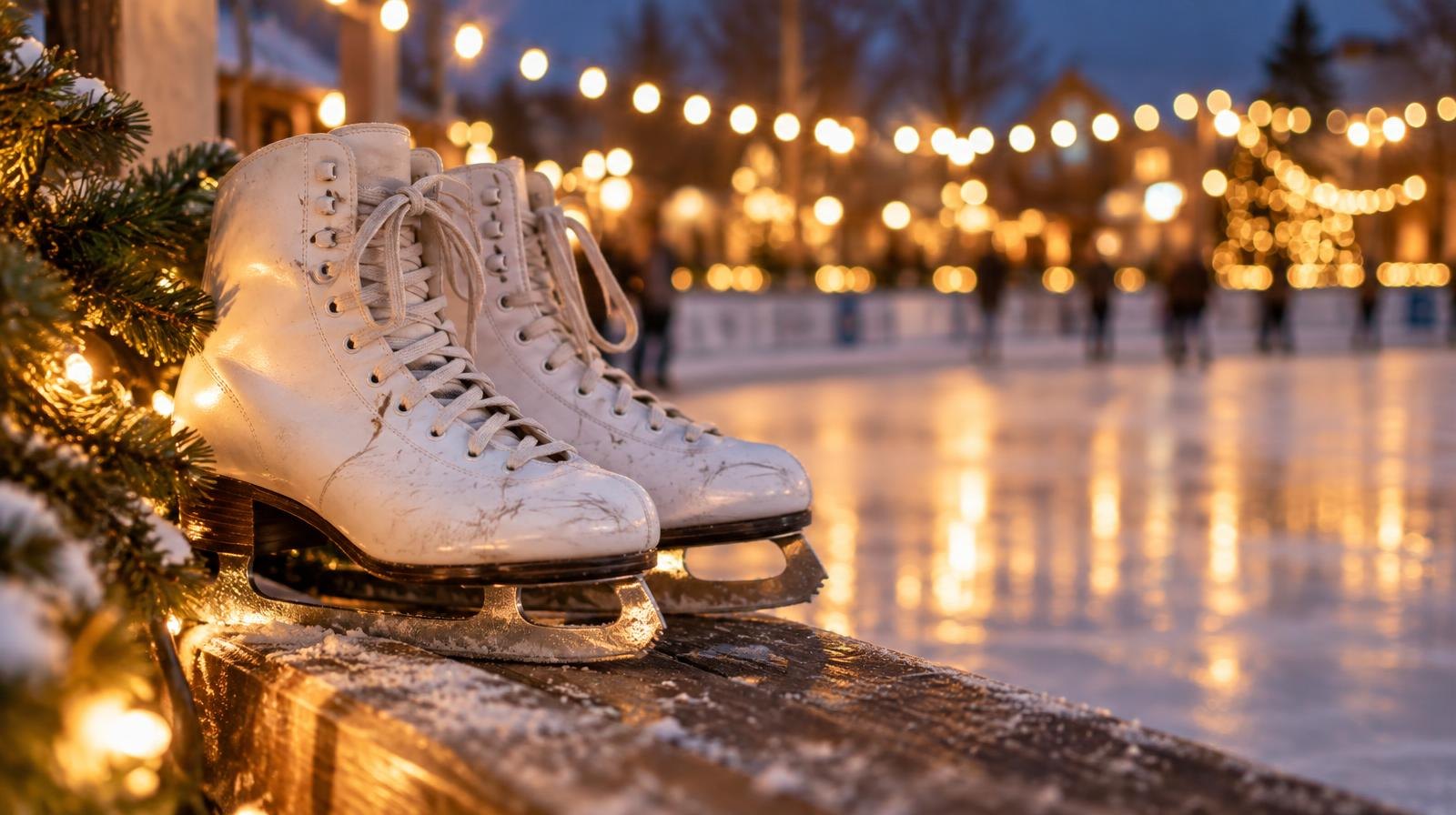 Ice skates on the edge of an outdoor rink with holiday lights reflected on ice.