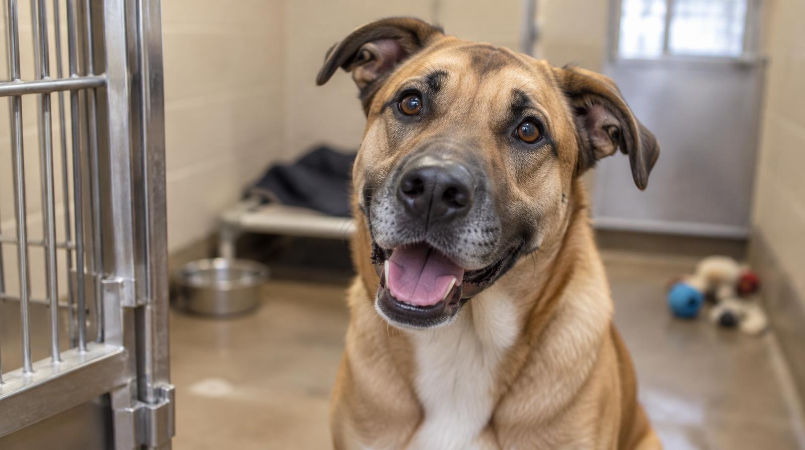 A large dog sits in a shelter kennel looking toward the camera.