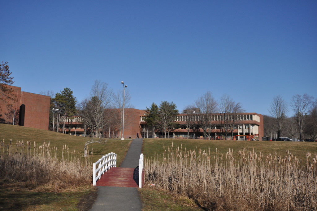 Brick campus buildings on a hill with a white footbridge over a wetland in the foreground.