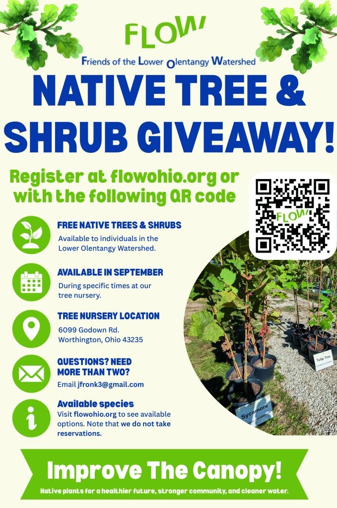 Promotional flyer for a free native tree and shrub giveaway, with potted nursery plants pictured.