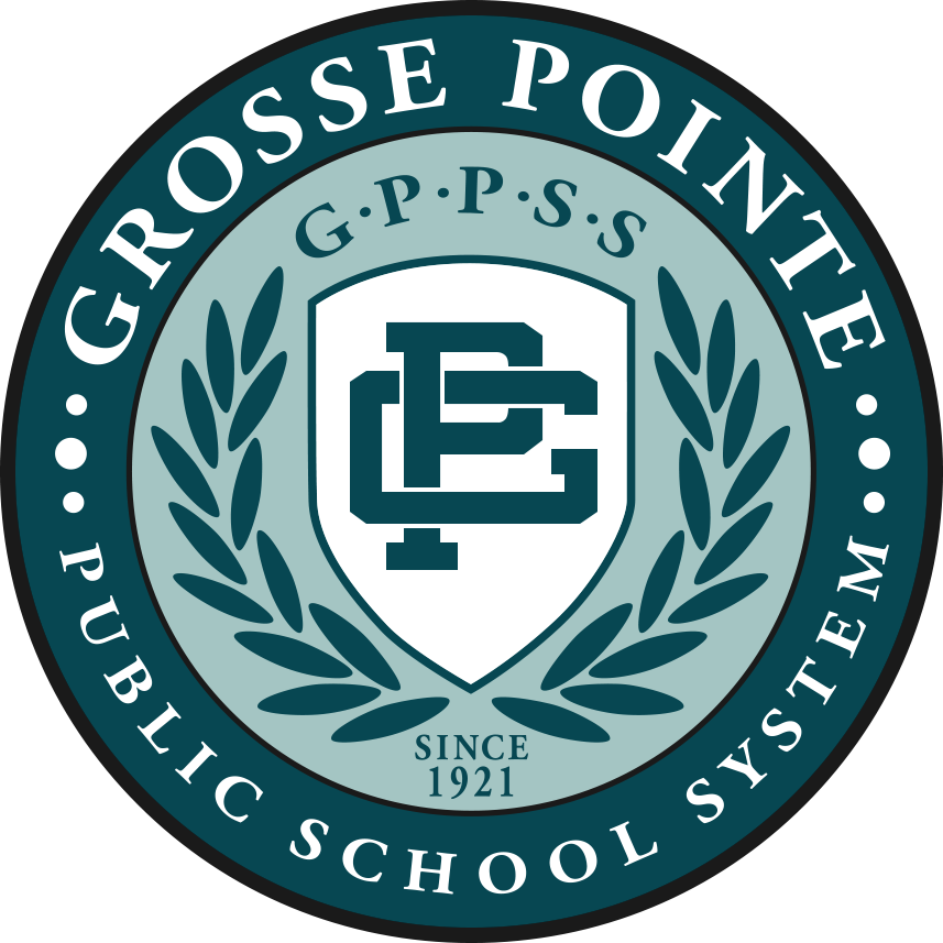 Circular seal of the Grosse Pointe Public School System on a teal and navy background.