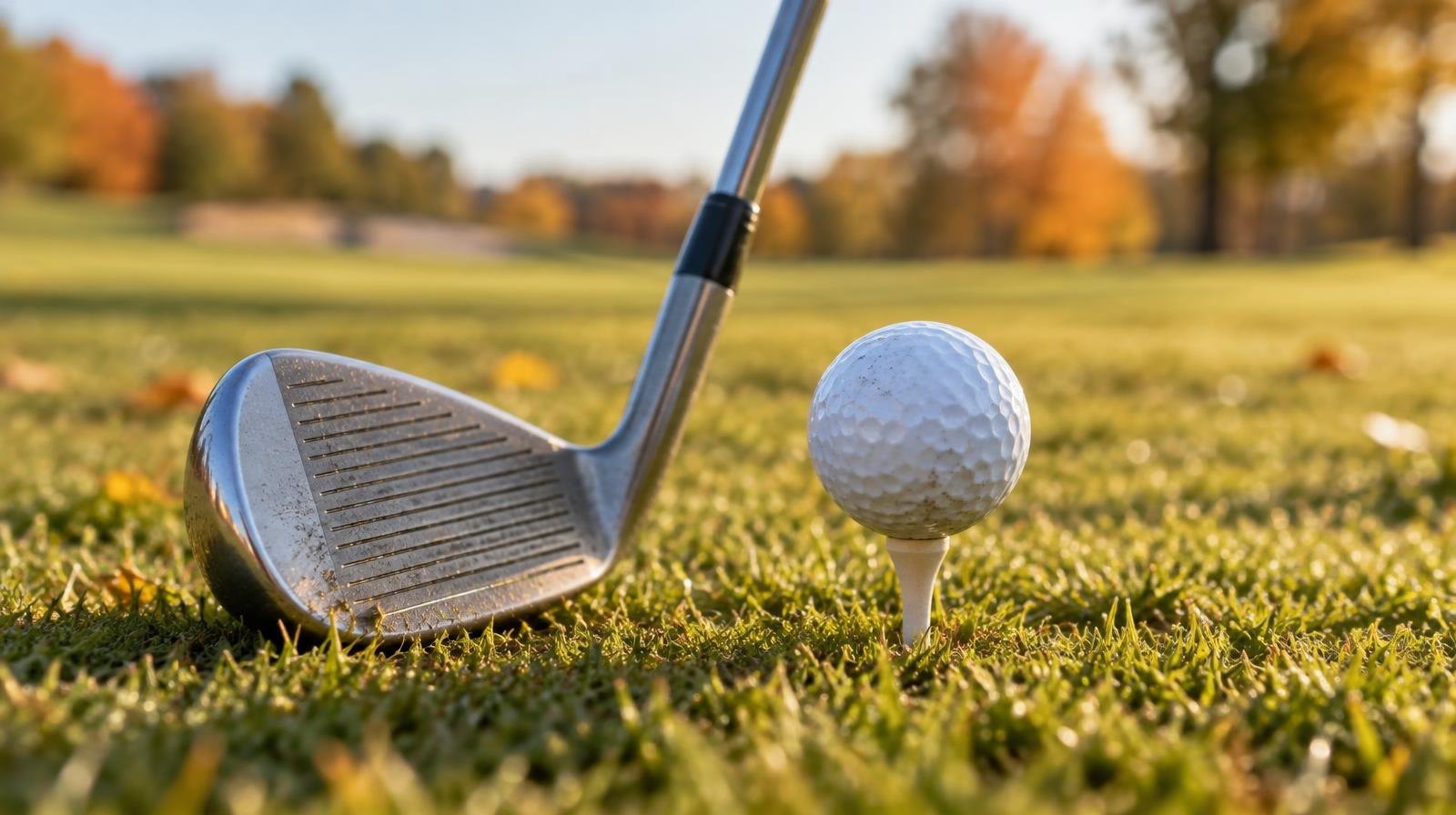 A golf ball on a tee with a golf club iron resting on a trimmed fairway in morning light.