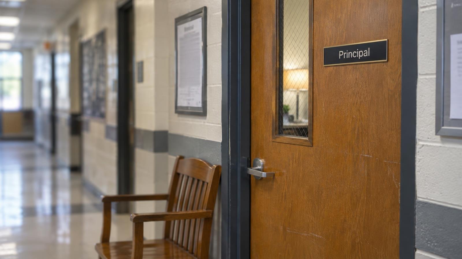 A wooden chair sits beside a door with a small window in a school hallway.
