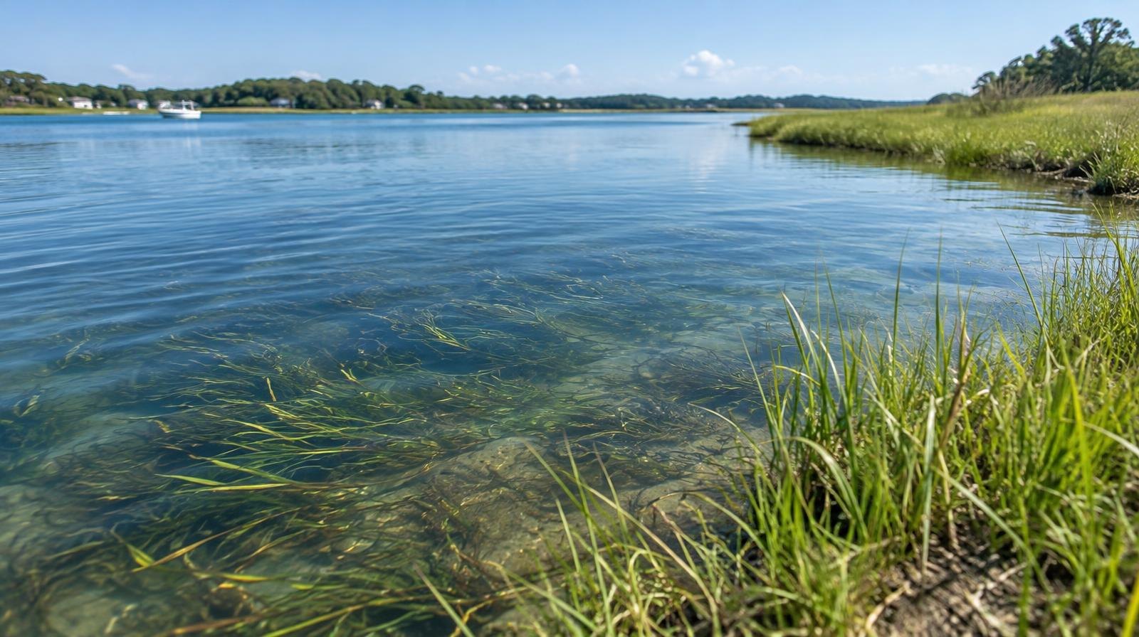 Clear blue-green estuary water with underwater grasses visible near a grassy bank.