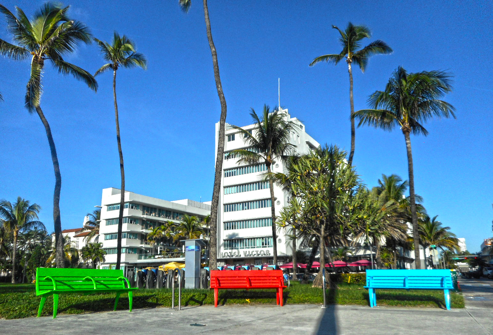 Colorful park benches and tall palm trees in a sunny tropical park with a white hotel in the background.